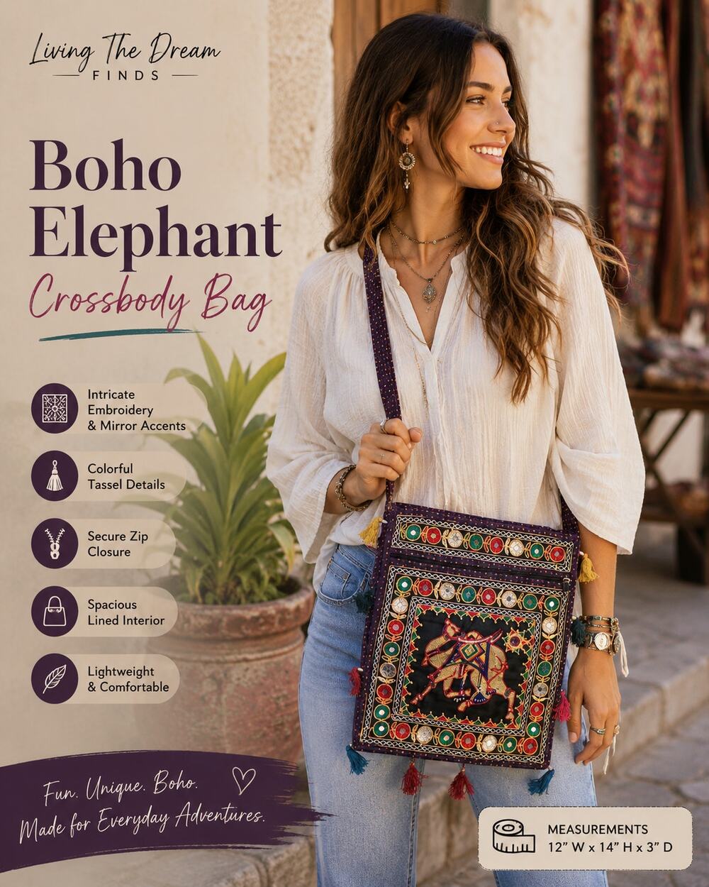 Boho Embroidered Elephant Crossbody Shoulder Bag Purple Mirror Festival Bohemian